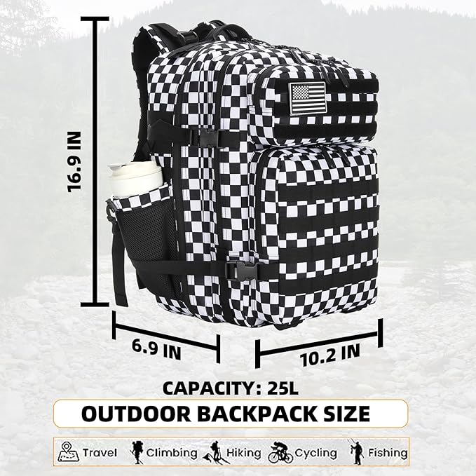 25L Tactical Military Backpack Small Travel Rucksack for Men and Women Assault Pack Bug Out Bag Molle Daypack Gym Backpack with Bottle Holder (Black White Checkered)