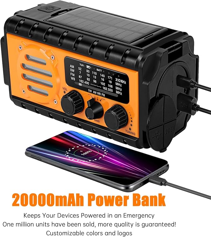 20000mah Hand Crank Emergency Radio,SW/NOAA/AM/FM Weather Radio, Solar Powered Hand Crank Chager with Bige Batery Powered,Portable,Cellphone Charge,SOS,Flashlight for Emergency/Home (Orange)