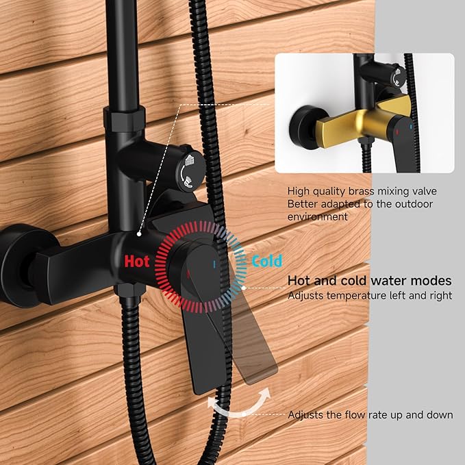 Rainsworth Outdoor Shower Kit Matte Black - Single Handle Brass Valve, 8 Inch Rain Shower Head and Handheld Spray Shower Fixture Combo, SUS 304 Stainless Steel Wall-Mounted Faucet