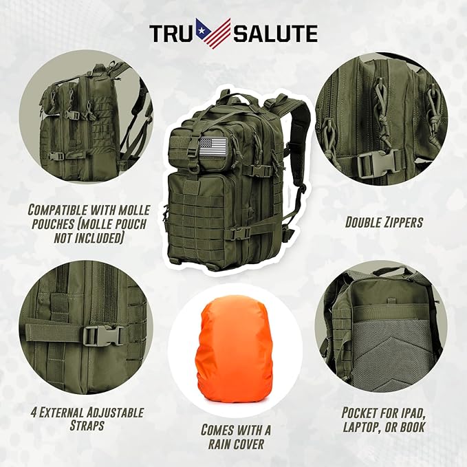 Tru Salute 45L Military Tactical Backpack Large Army 3 Day Assault Pack Molle Bug out Bag Rucksack (Amy Green)