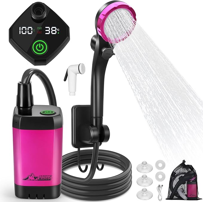 WADEO Portable Shower for Camping, 6000mAh Outdoor Electric Shower Rechargeable Pump with Intelligent Digital Display, Camping Shower Head Nozzle for Camping, Hiking, Traveling, Washing
