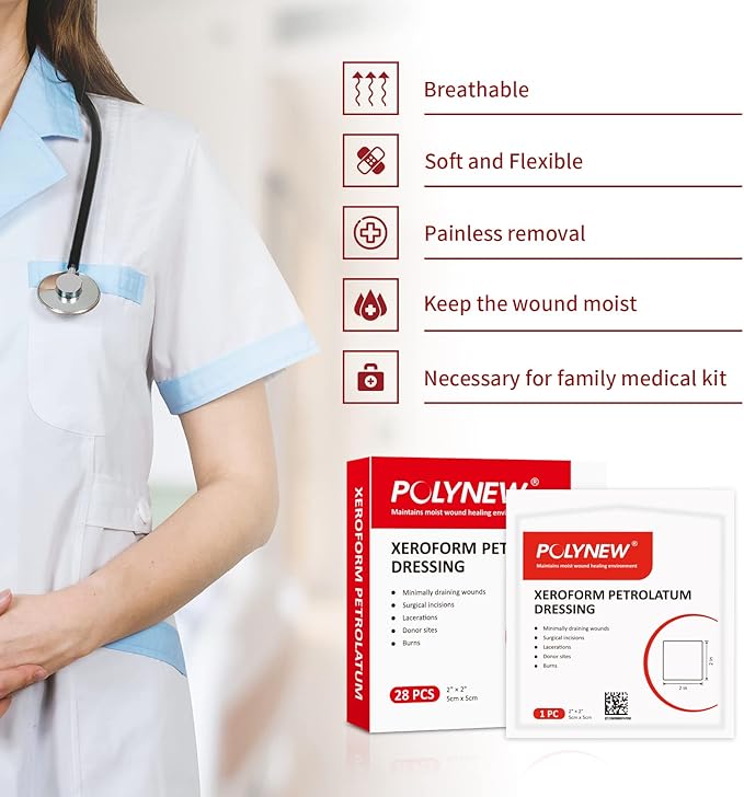 Xeroform Petrolatum Dressing 2"x2", 28 PCS Non-Adherent Gauze for Low Exudating Wounds, Fine Mesh Gauze Pads for Burns, Abrasions, Lacerations, Skin Grafts and Surgical Incisions