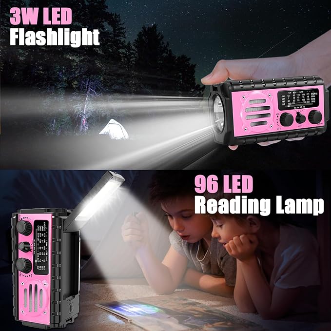 74000mWh Emergency Radio with NOAA Weather, Portable Hand Crank SW/AM/FM Survival Radio with Fast Charge Rechargeable Solar Battery, Flashlight, Reading Lamp,SOS Sirenor Home Outdoor(Pink)