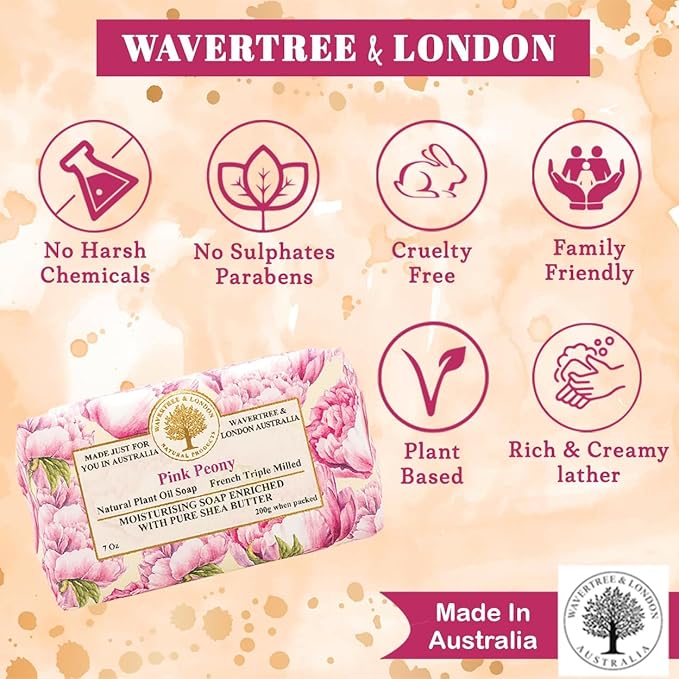 Wavertree & London Pink Peony Scented Natural Soap (2 Bars), 7oz Moisturizing French Triple Milled Soap Bars enriched with shea butter - Pure Plant Based Bath & Body Bars for All Skin Types