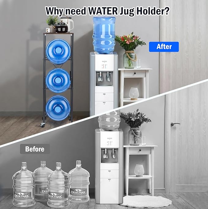 5 Gallon Water Jug Holder - 3-Tier Water Jug Rack with Wheel Reinforced X-Shape Design, 5 Gallon Water Jug Stand with Storage Shelves for Kitchen, Living Room, Office
