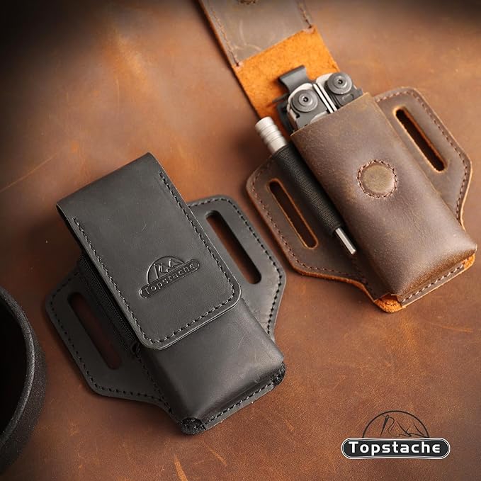 Topstache Leather Multitool Sheath for Belt - Leather Multitool Holder for Belt - EDC Belt Organizer Multitool Pouch - Two Magnetic Closure Multitool Holster - Belt Loop Leather Multitool Case, Black