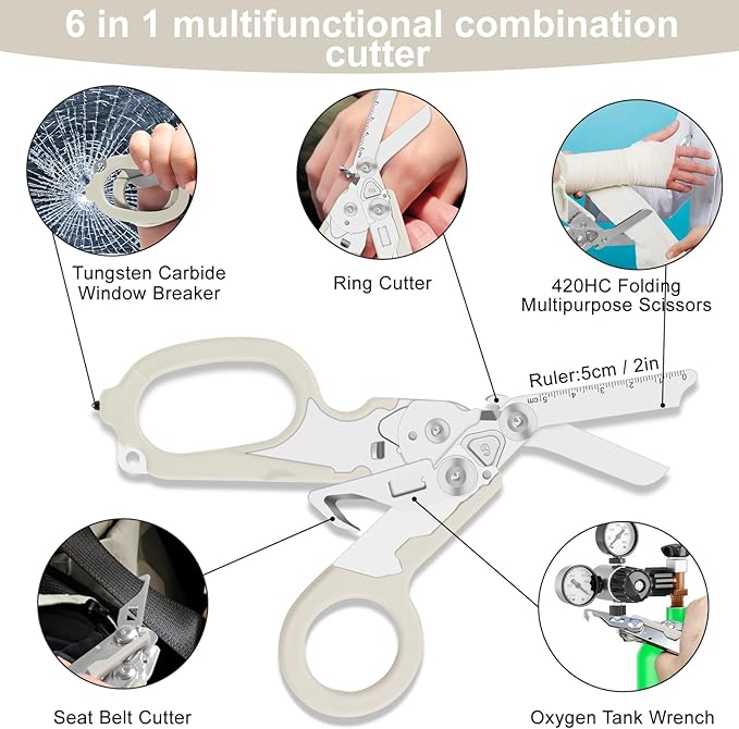 6 in 1 trauma shears, folding emergency shear, Outdoor Camping Tools, Seat Belt Cutter, Oxygen Cylinder Wrench, Complimentary Adjustable Wrench (Luminous Silver)