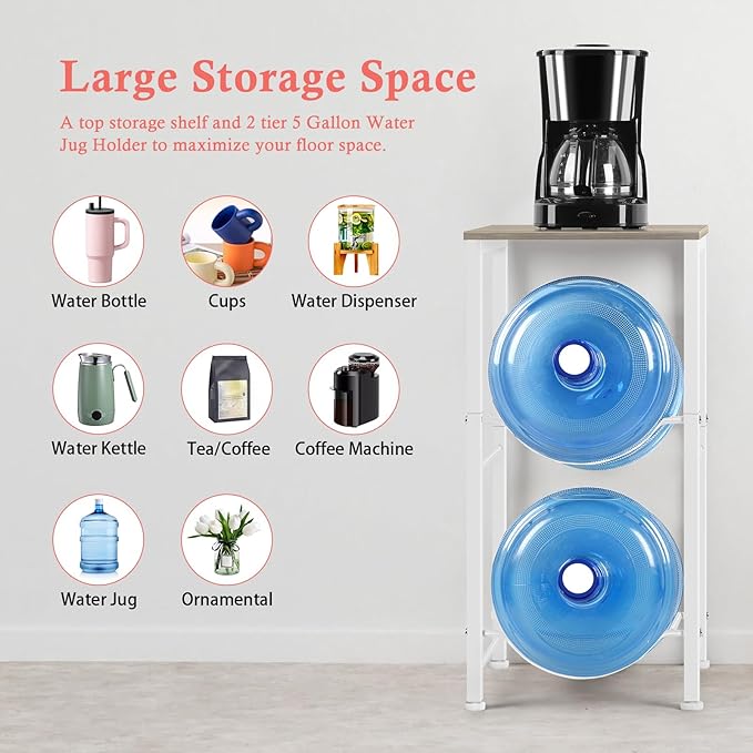 5 Gallon Water Bottle Holder Rack 2 Tier Water Jug Holder Stand with Storage Shelf, 2 Slots 5 Gal Water Cooler Jug Rack for Home, Office, Garage Organizer, Light Grey