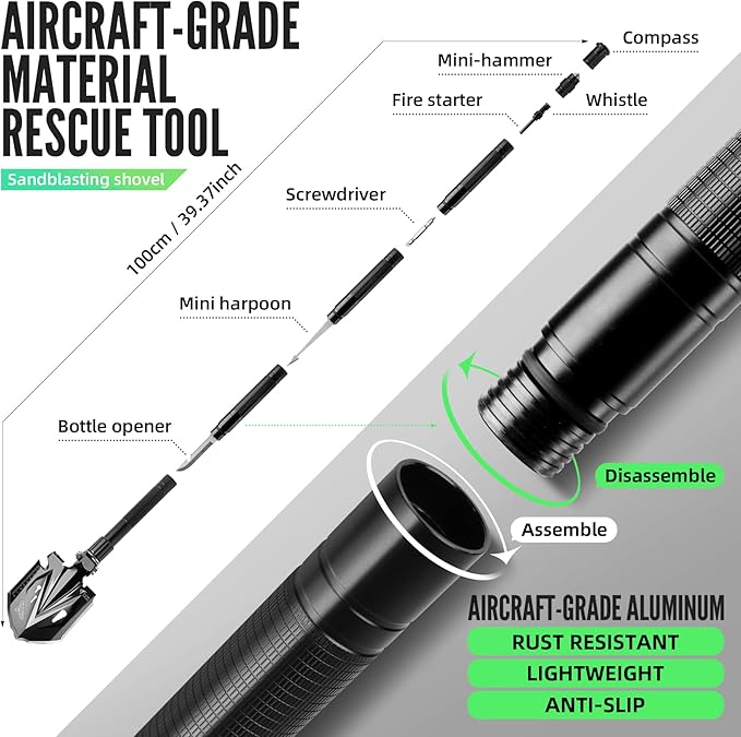 Zune Lotoo Tactical Shovel Survival Tool, 18 in 1 Small Camping Shovel Folding Multitool Compact Entrenching Tool Heavy Duty for Hiking Backpack Emergency Spade Lightweight Car Truck Gift Survivalist