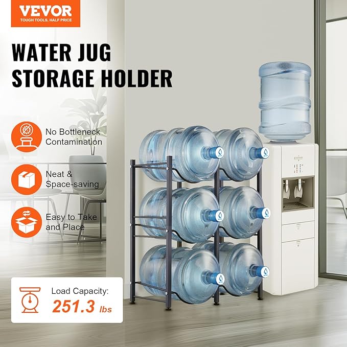 VEVOR 5 Gallon Water Jug Holder, 3 Tiers Double Row Heavy Duty Water Bottle Rack with 6 Slots, Detachable Water Jug Stand for Kitchen, Office, Living Room- Black