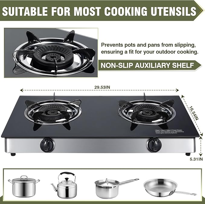 2 Burner Propane Gas Cooktop, Portable Tempered Glass Double Burner Stove with Auto Ignition, 19,000 BTU, CSA Certified Regulator & Hose, Outdoor Camping RV BBQ Kitchen LPG Gas Stove