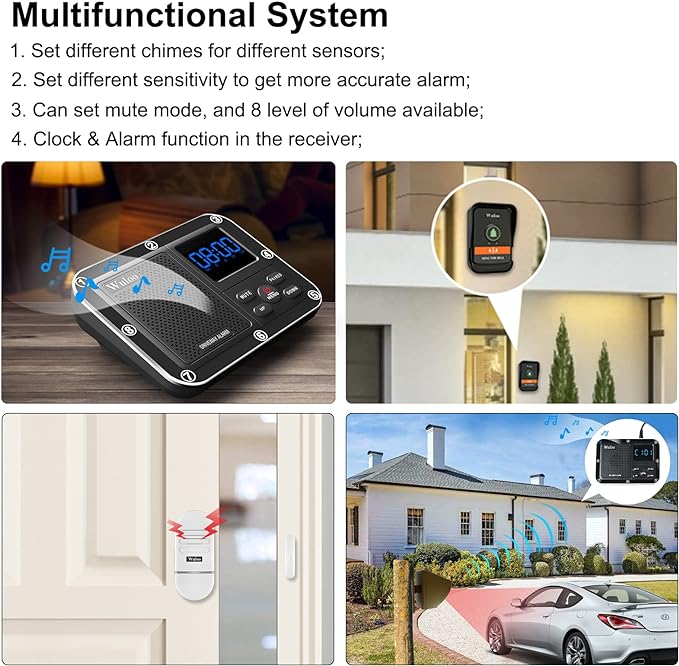 Wireless Alarm System for Home Security Expandable - 6-Piece Kit Include Doorbell, Door Alarm, and Solar Driveway Alarm - Chime/Sensitivity Adjustable NO Wi-Fi NO Monthly Fee With Rechargeable Battery