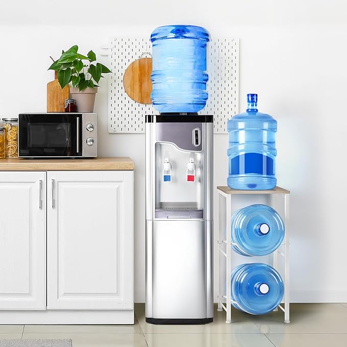 5 Gallon Water Bottle Holder Rack 2 Tier Water Jug Holder Stand with Storage Shelf, 2 Slots 5 Gal Water Cooler Jug Rack for Home, Office, Garage Organizer, Light Grey