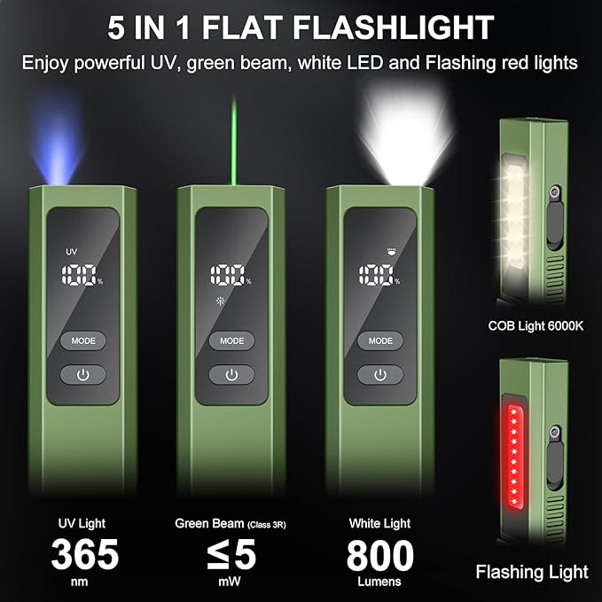 5 in 1 PRO EDC Flashlight Flat with Green Beam, UV Light, 800LM White Light LED Combo, Portable Pocket Flash Lights with Magnet for Outdoors Emergency and Work(Green)