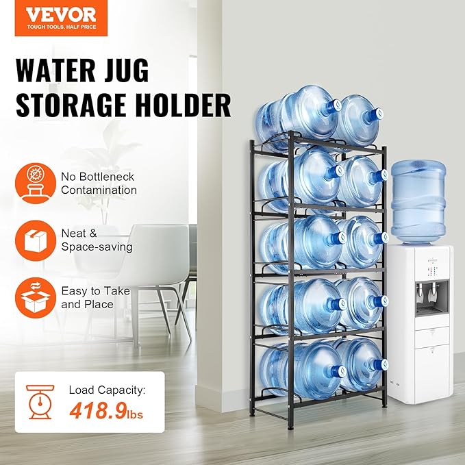 VEVOR 5 Gallon Water Jug Holder, 5 Tiers Double Row Heavy Duty Water Bottle Rack with 10 Slots, Detachable Water Jug Stand for Kitchen, Office, Living Room- Black