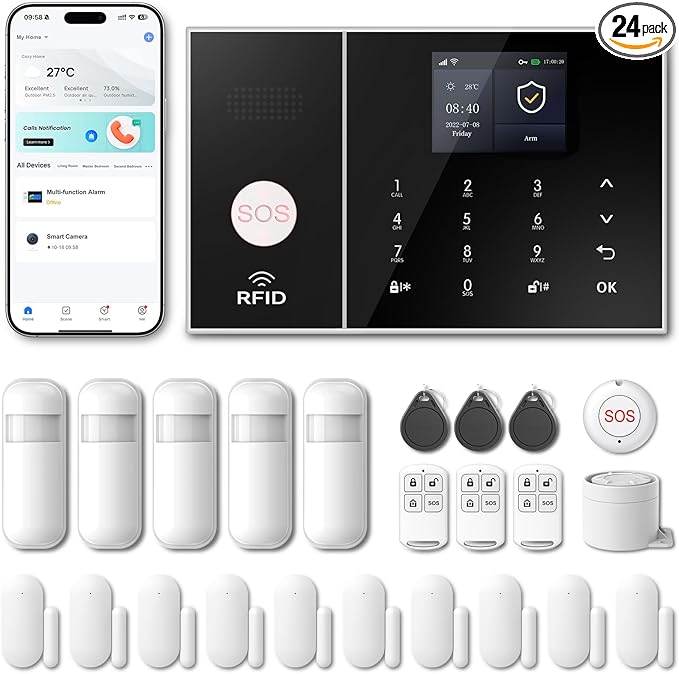 WiFi Home Alarm Security System,Wireless DIY Smart Home Burglar Security Alarm System 24 Pieces Kits, Compatible with Alexa Google Home Voice Control for Villa Home Apartment