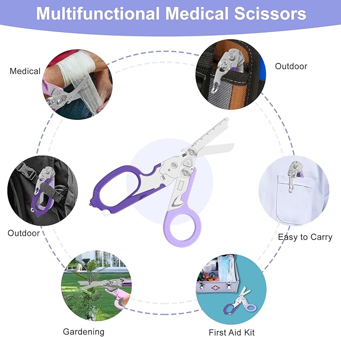 6-in-1 Heavy-Duty Emergency,trauma shears, Folding Retractable Emergency Shears, Outdoor Camping Tools, Seat Belt Cutter, Oxygen Cylinder Wrench, Complimentary Adjustable Wrench (Purple)