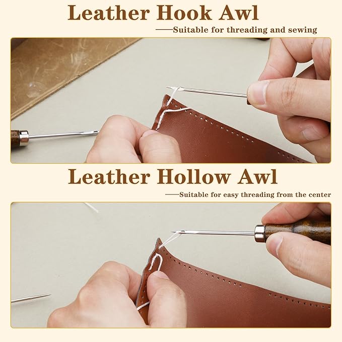 ZXIIXZ 3 Pcs Sewing Awl, Leather Scratch Hollow Hook Awl Tool Kit, Awl Tool Sewing Supplies with Gourd Shape Wooden Handle for DIY Leather Sewing Stitching Bookbinding Punching Repairing Craft