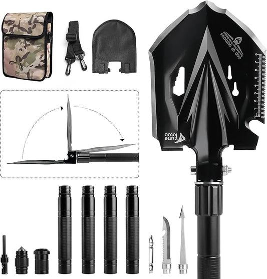 Zune Lotoo Tactical Shovel Survival Tool, 18 in 1 Small Camping Shovel Folding Multitool Compact Entrenching Tool Heavy Duty for Hiking Backpack Emergency Spade Lightweight Car Truck Gift Survivalist