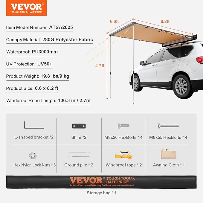 VEVOR Vehicle Awning 6.6'x8.2' Roof Rack Pull-Out Sun Shade UV50+ PU3000mm, Retractable Weatherproof 4x4 Side Awning for SUV Outdoor Camping & Overland (Hardware Included), w/Waterproof Storage Bag