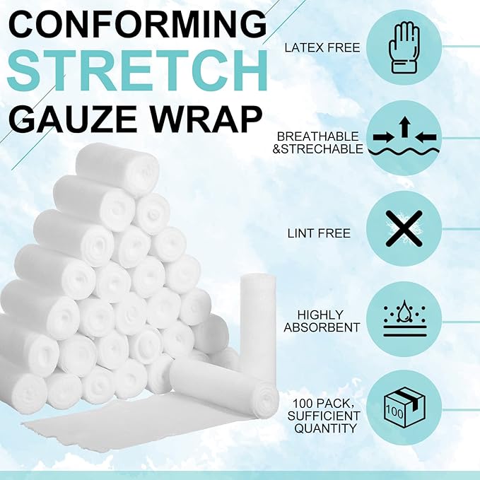 Treela 100 Rolls Gauze Bandage, 2 in x 5 Yards, Elastic Bandages Individual Packaging Sterile Non Latex First Aid Pads Medical Breathable Gauze Roll Wrap for Safety Wound Caring and Supplies