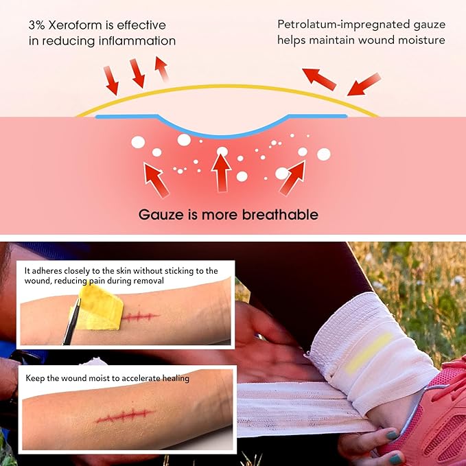 Xeroform Petrolatum Dressing 1"x8", 52 PCS Non-Adherent Gauze for Low Exudating Wounds, Fine Mesh Gauze Pads for Burns, Abrasions, Lacerations, Skin Grafts and Surgical Incisions