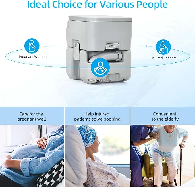 YITAHOME 5.3 Gallon Portable Travel Toilet RV Potty Upgrade Double Outlet Water Spout Handle Flush Pump Detachable Water Tank with Drag Wheel for Camping Boating Hiking Trips