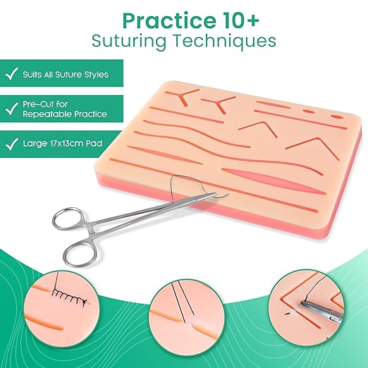 Suture Practice Kit for Medical Students | 32-Piece Complete Set with Large Suturing Pad, 5-Piece Tool Kit, Pre-Cut Wounds & Multi-Type Suture Threads | Ideal for Training & Demonstration