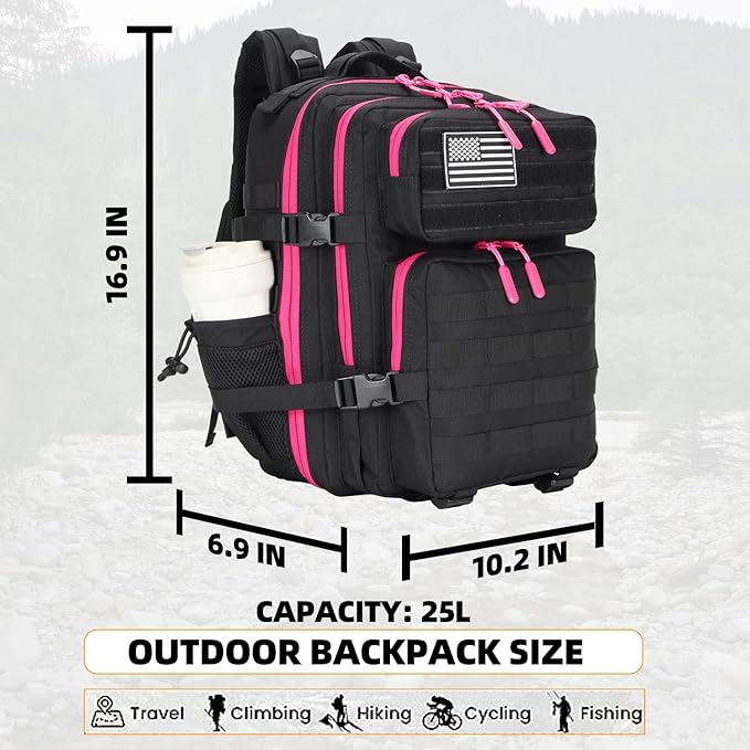 25L Tactical Military Backpack Small Travel Backpack for Men and Women Assault Pack Bug Out Bag Molle Daypack Gym Backpack with Bottle Holder (Black Neon Pink)