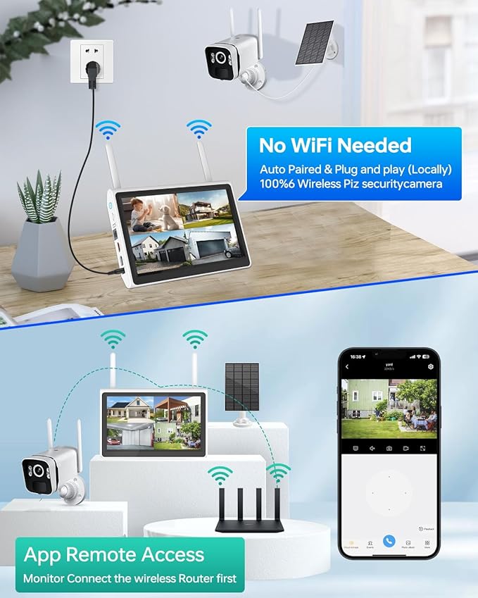 4MP Solar Powered Security Camera Outdoor Wireless System with 10" Monitor, 5G/2.4G WiFi 4PCS Outdoor Battery Camera with Solar Panel10CH Home Security System AI Human Detection 2-Way Audio