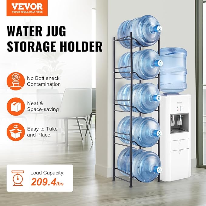 VEVOR 5 Tiers Water Jug Holder, 5 Gallon Water Bottle Holder, Single Row Water Bottle Rack for 5 Bottles, Heavy Duty Water Jug Rack for Kitchen, Office, Living Room, Black