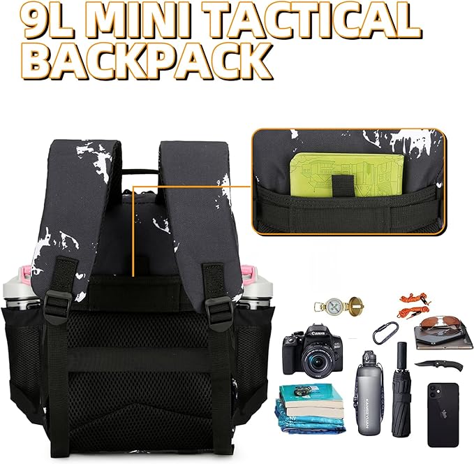 9L Mini Tactical Backpack 9L Assault Pack 9L Tactical Backpack Hiking Fitness Backpack(Black & white dots)