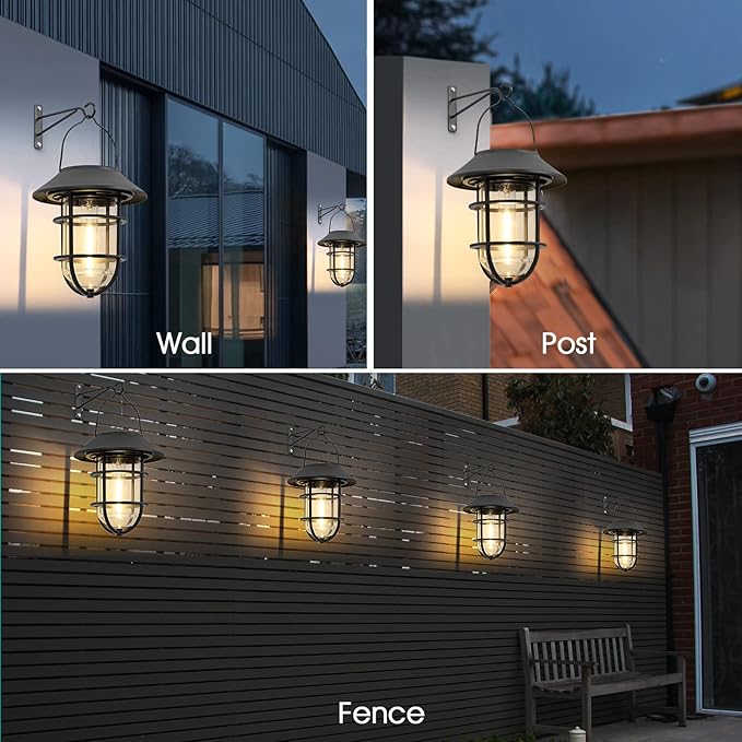 Upgrade Solar Outdoor Lights, Hanging Lantern, Waterproof Solar Lights with Wall Mount Kit for Garden Patio Porch Fence Decor 2 Pack