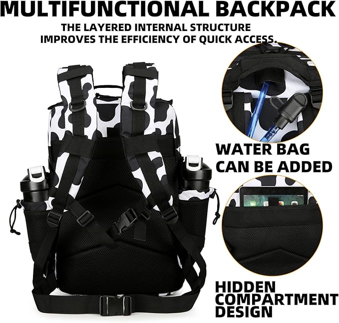 25L Tactical Backpack Military Tactical Backpack for Men and Women Small Assault Pack Outdoor Travel Hiking Camping Rucksack with Molle Webbing (Cow Print)