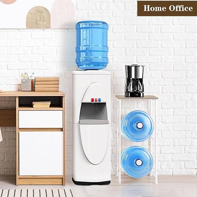 5 Gallon Water Jug Holder Water Cooler Dispenser with Top Shelf, 5 Gal Water Bottle Holder with 2 Slots Metal Frame for Kitchen, Dining Room, Office, Light Grey