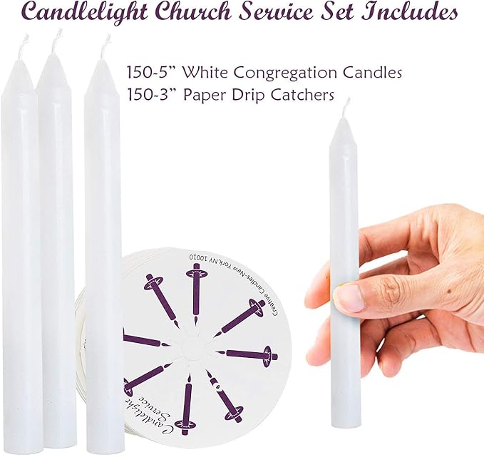 150 Church Candles with Drip Protectors for Devotional Candlelight Vigil Service, Box of 150 Candles, Unscented White 5" H X 1/2" D, No Smoke