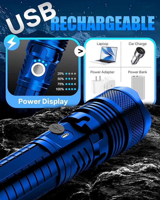 Victoper Blue LED Flashlights, High Powered High Lumens Super Bright Tactical Flashlight, Rechargeable, 5 Modes Zoomable Waterproof Flash Lights for Emergency, Outdoor, Home, Camping, Hiking