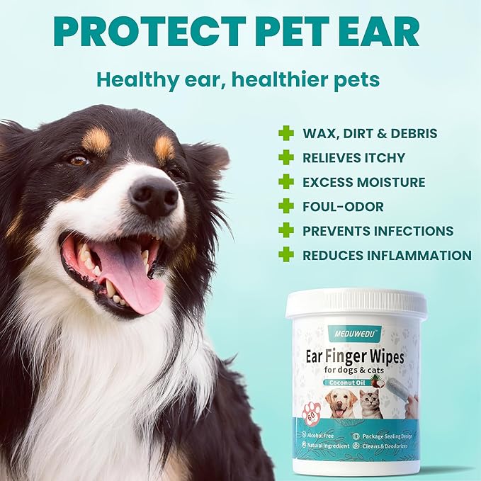 Wider Ear Cleaner Finger Wipes 60 Counts, Dog Ear Cleaner, Grooming Kit Care for Dogs and Cats,Otic Cleaning Pads, Remove Wax, Dirt & Stop Smelly, Itchy, Non-Irritating, Unscented