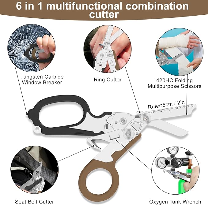 6in1 trauma shears - emergency responders, outdoor emergencies scissor, medical staff, and outdoor camping scissors, ttrauma scissors(black brown)
