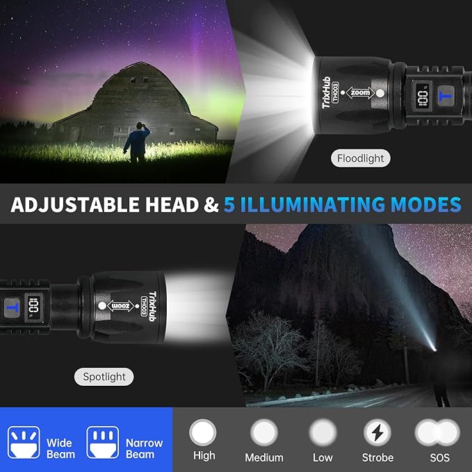 Rechargeable Flashlights 2Pack High Lumens, 5Mode Rechargeable Flashlights with LCD Digital Display, Super Bright Flashlight Adjustable Tactical Flash Light, High Powered LED Flashlight for Emergency