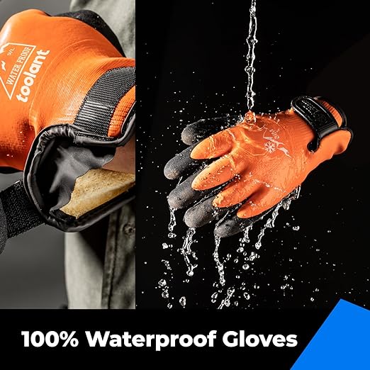 toolant 100% Waterproof Gloves Bulk Pack, 3 Pairs, Winter Work Gloves for Cold Weather, Touchsreen, Warm Freezer Gloves, Thermal Insulated, With Grip, Orange, Medium