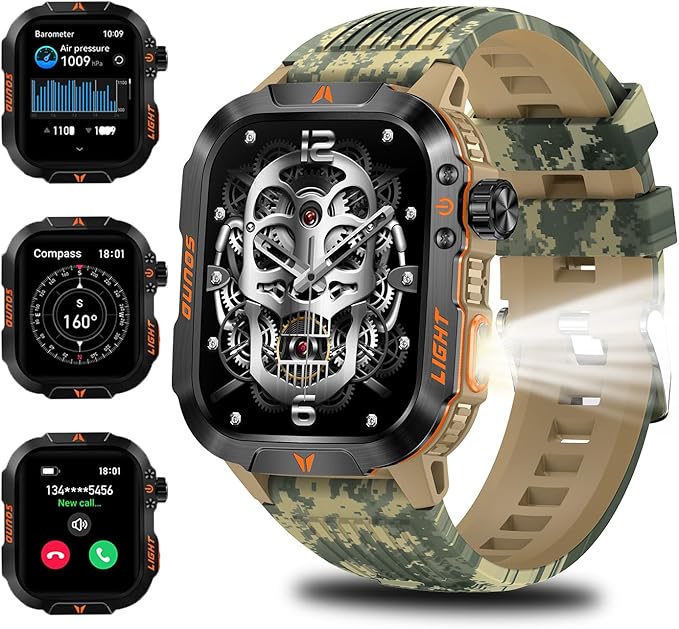 QTLLBT Military Outdoor Watch Altimeter Barometer Compass Tactical Smart Fitness Watch Heart Rate Sleep Monitor 100+ Sport Modes Fitness Available for Android and iOS (Camouflage Yellow)