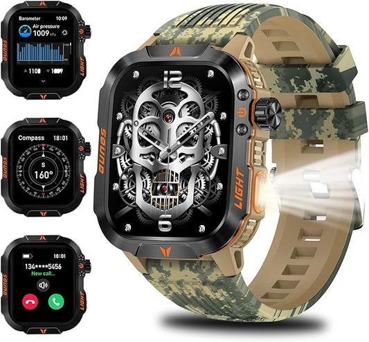 QTLLBT Military Outdoor Watch Altimeter Barometer Compass Tactical Smart Fitness Watch Heart Rate Sleep Monitor 100+ Sport Modes Fitness Available for Android and iOS (Camouflage Yellow)