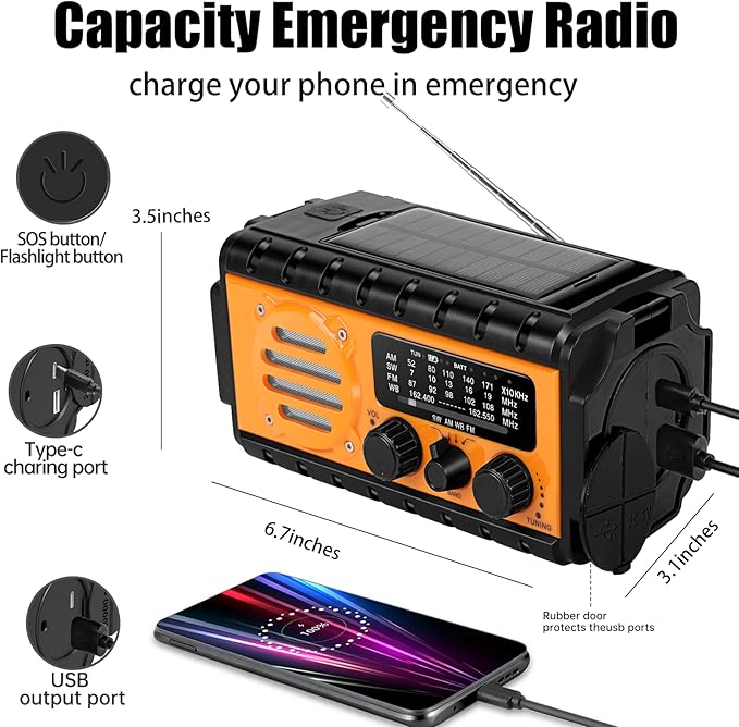 74000mWh Emergency Radio with NOAA Weather, Portable Hand Crank SW/AM/FM Survival Radio with Fast Charge Rechargeable Solar Battery, Flashlight, Reading Lamp,SOS Sirenor Home Outdoor