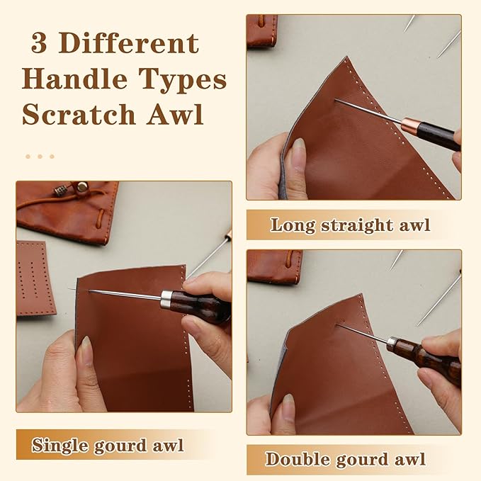 ZXIIXZ 3 Pack Leather Scratch Awl Tool, Awl Tool Sewing with Gourd Shape Wooden Handle for Stitching Punching Sewing, Scratch Awl Tool Supplies for DIY Leather Sewing Punching Craft Repair