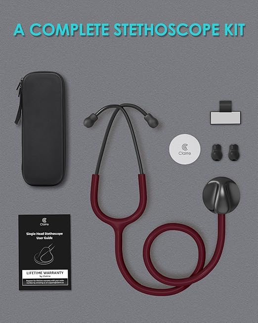 Single Head Stethoscope for Doctors/Nurses/Nursing School Students, Medical and Home Use with Accessories Name Tag, FSA HSA Eligible (Burgundy Tube, with EVA Case)