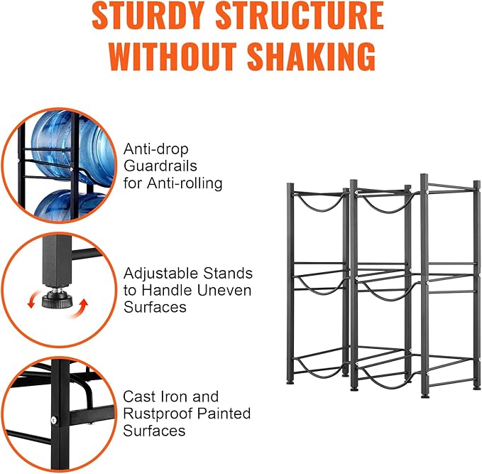 VEVOR 5 Gallon Water Jug Holder, 3 Tiers Double Row Heavy Duty Water Bottle Rack with 6 Slots, Detachable Water Jug Stand for Kitchen, Office, Living Room- Black