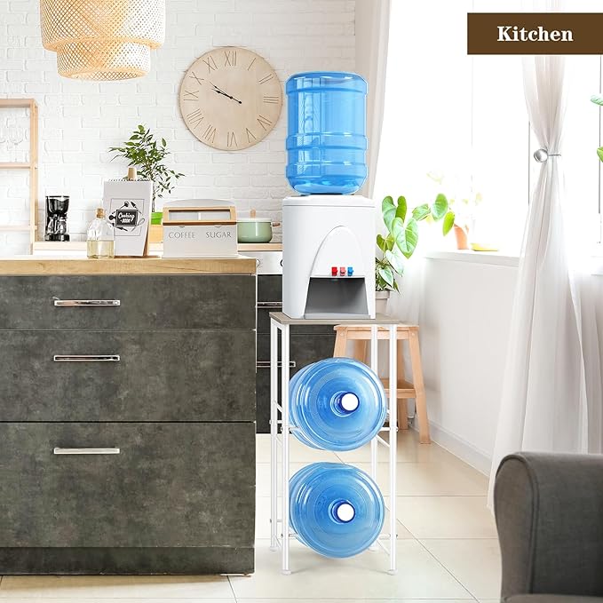 5 Gallon Water Jug Holder Water Cooler Dispenser with Top Shelf, 5 Gal Water Bottle Holder with 2 Slots Metal Frame for Kitchen, Dining Room, Office, Light Grey