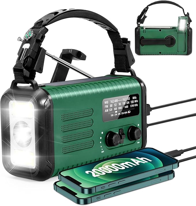 20000mAh / 74000mWh Emergency Radio, Solar Hand Crank Radio AM/FM/NOAA Weather Radio, Battery Powered with Cell Phone Charger, SOS Alarm, Flashlight & Reading Lamp for Emergencies Hurricane Camping