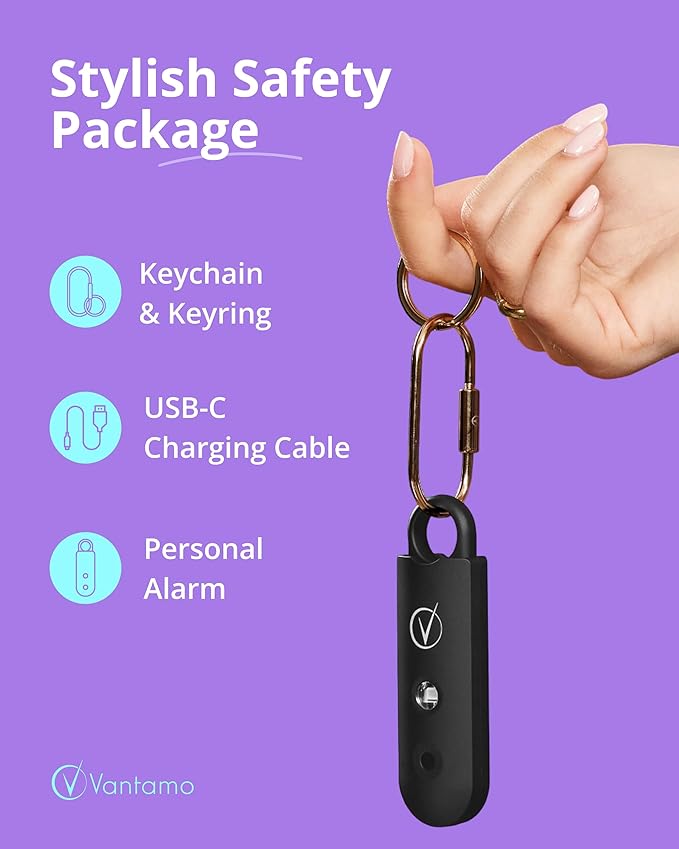 Vantamo Personal Alarm for Self Defense with Low Battery Notice, Strobe Light & Extra Loud 130 dB Double Speakers Safety Keychain Set for Women, Rechargeable Panic Button for Womens Self Defense